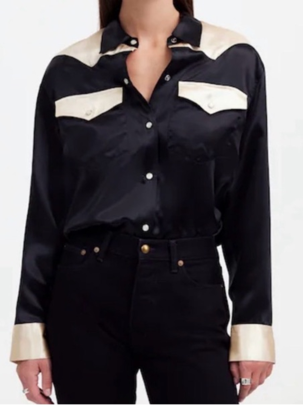 Madewell Alexa Chung Black and Champagne Satin Western Button-Down Shirt Size Sm